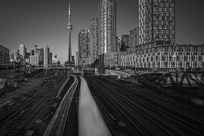View of railroad tracks in city