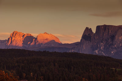 Scenic view of mountains against sky during sunset