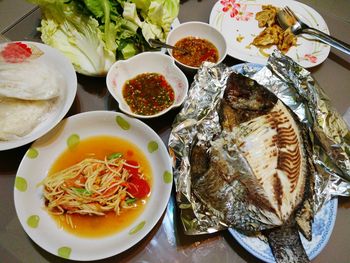 High angle view of meal served on table