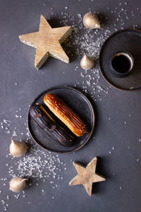 High angle view of christmas decorations on table