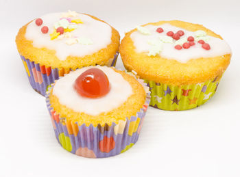 Close-up of cupcakes against white background