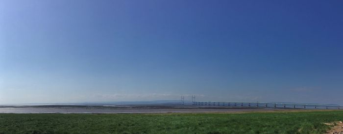 Scenic view of sea against clear blue sky