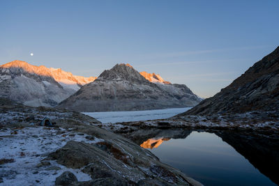 Scenic view of lake and mountains against clear sky