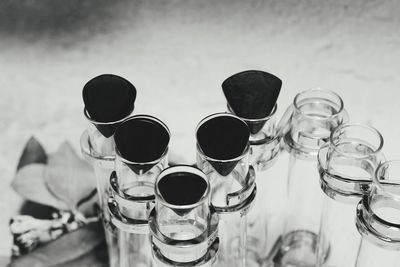 High angle view of glasses on table