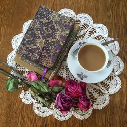 High angle view of coffee on table