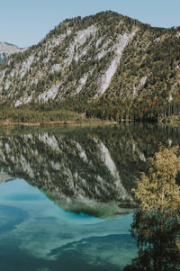 Scenic view of lake and mountains against sky