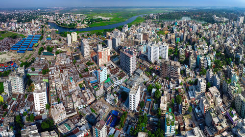 High angle view of modern buildings in city