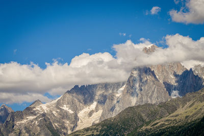 Scenic view of mountains against blue sky