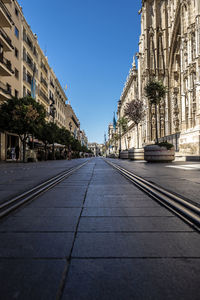 Surface level of road amidst buildings against clear sky