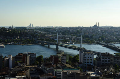 High angle view of bridge over river and buildings in city