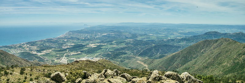 High angle view of mountain range against sky