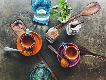 High angle view of breakfast on table