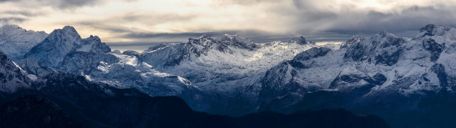 Panoramic view of snowcapped mountains against sky