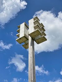 Low angle view of wooden post against sky