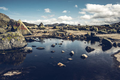 High angle view of rocks in water against sky