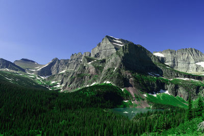 Scenic view of mountains against clear blue sky