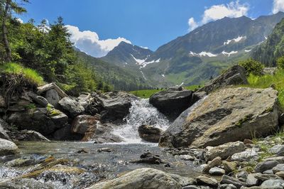 Scenic view of waterfall in forest against sky