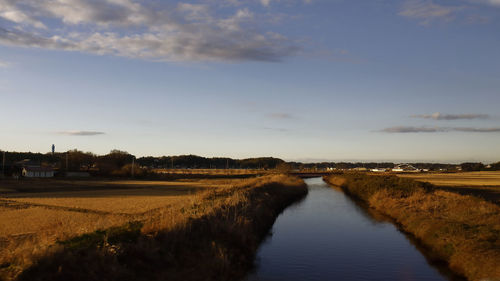 Scenic view of agricultural landscape against sky during sunset