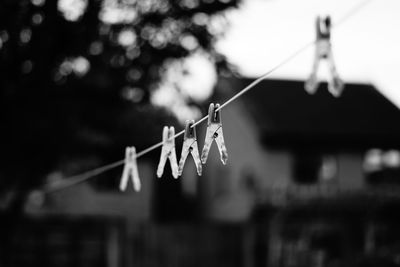 Close-up of clothespins hanging on rope