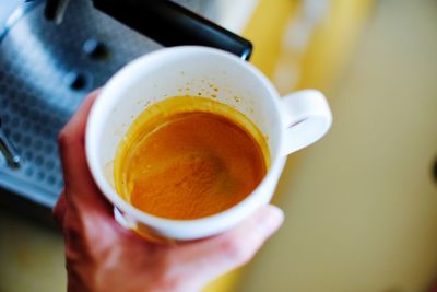 Close-up of hand holding tea cup