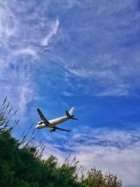 Low angle view of airplane flying against blue sky