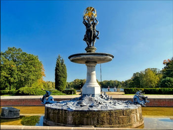 Fountain in park against clear sky