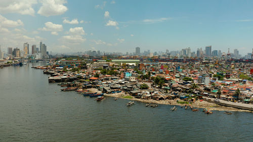 Aerial view of panorama of manila city. skyscrapers and business centers in a big city. 