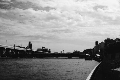 Bridge over river against cloudy sky