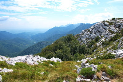 Scenic view of rocky mountain peak on velebit mountain, croatia