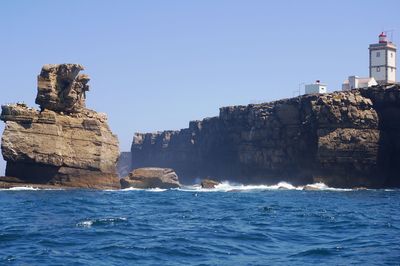 Scenic view of sea against clear blue sky