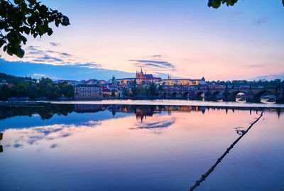 Reflection of buildings in lake against sky during sunset