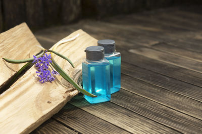 High angle view of blue flower on table
