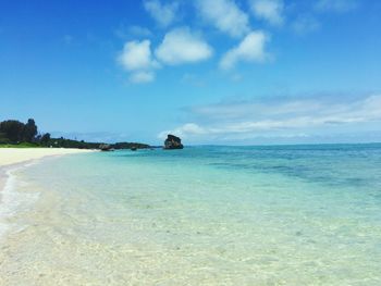 Scenic view of sea against blue sky