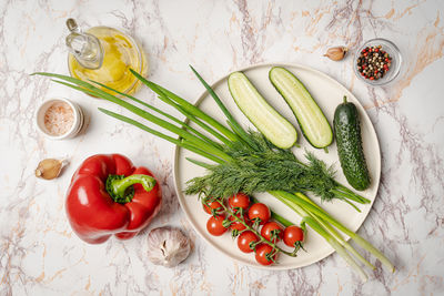 High angle view of vegetables on table