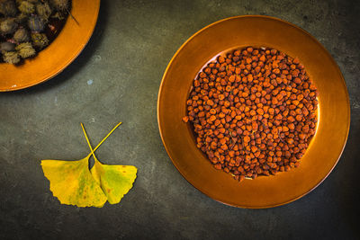 High angle view of leaves in bowl on table