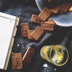 High angle view of cookies on table