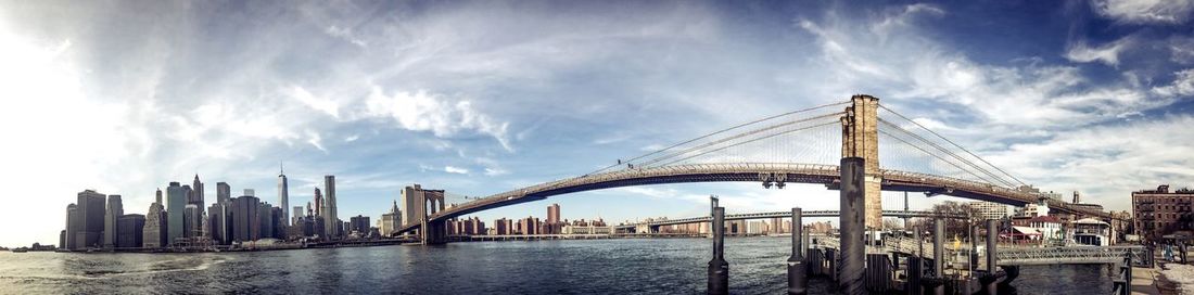 Panoramic view of suspension bridge against cloudy sky