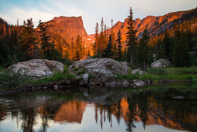 Reflection of trees in lake against sky during sunset