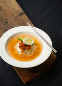 High angle view of soup in bowl on table