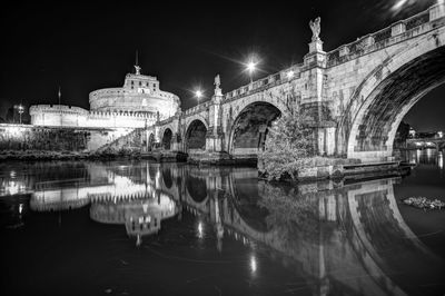 Reflection of buildings in water at night