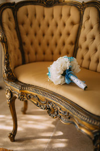 High angle view of blue flower in basket on table