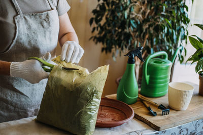 Potting soil. soil to repot indoor plants. spring houseplant care, repotting houseplants. woman is