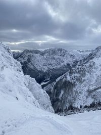 Scenic view of snow covered mountains against sky