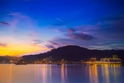 Scenic view of lake against sky at sunset