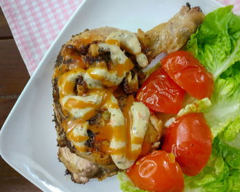 High angle view of breakfast served on table