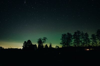 Silhouette trees against clear sky at night