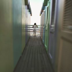 Rear view of girl standing on boardwalk amidst beach huts