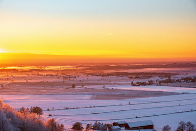 High angle view of landscape during sunset