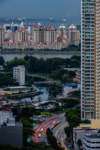 High angle view of buildings in city