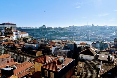 High angle view of buildings in city against sky